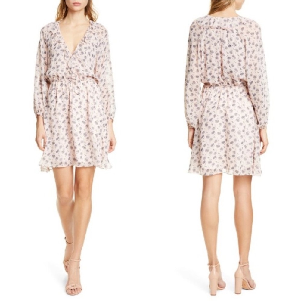 Floral JOIE $398 Marelle Ruffle Long Sleeve 100% Silk Dress Pink Sky Size XS